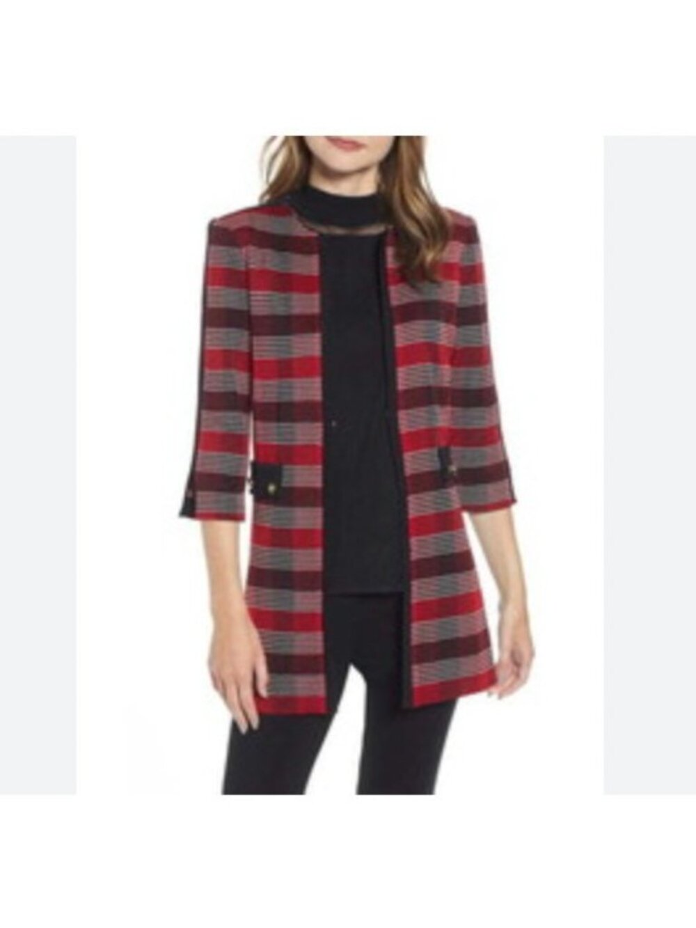 Ming Wang Cardigan Sweater Womens Large Red Plaid 3/4 Sleeve Open Front Knit